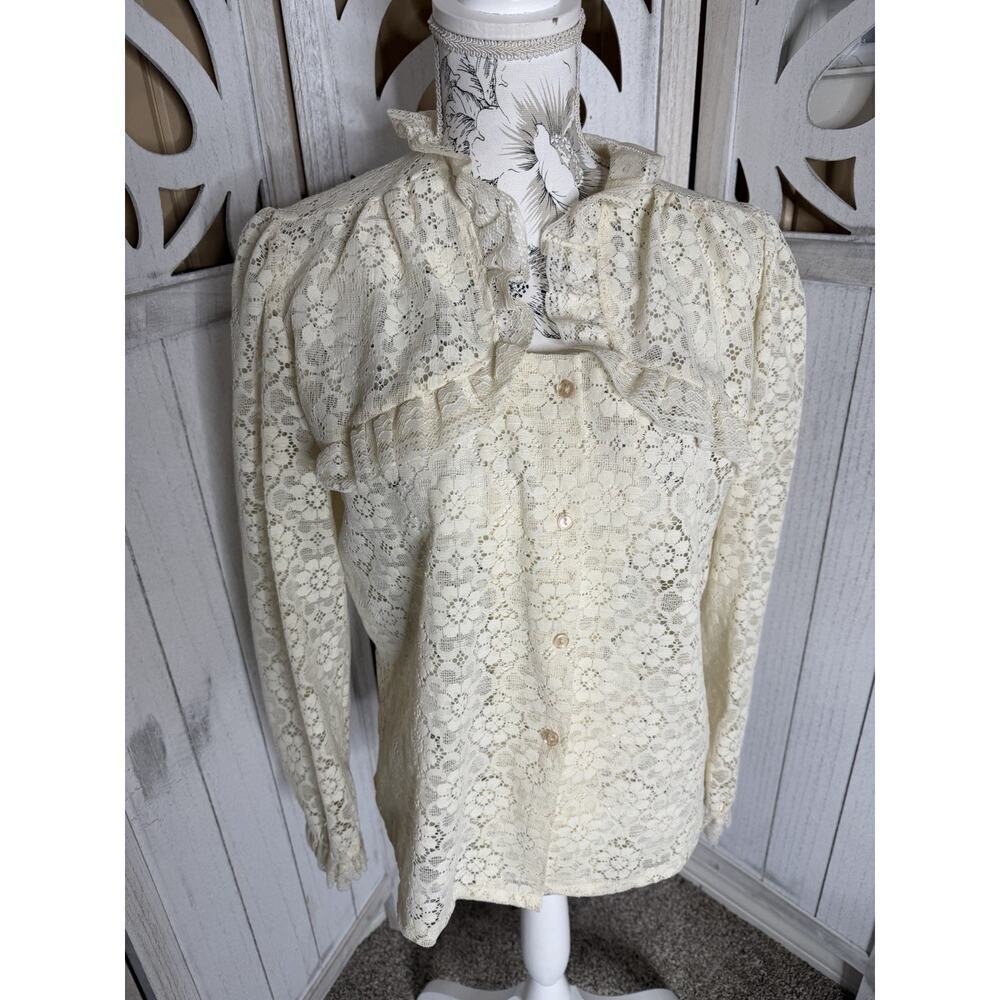 Vintage Floral Lace Mock Neck Women’s Button Blouse Ivory Victorian Medium